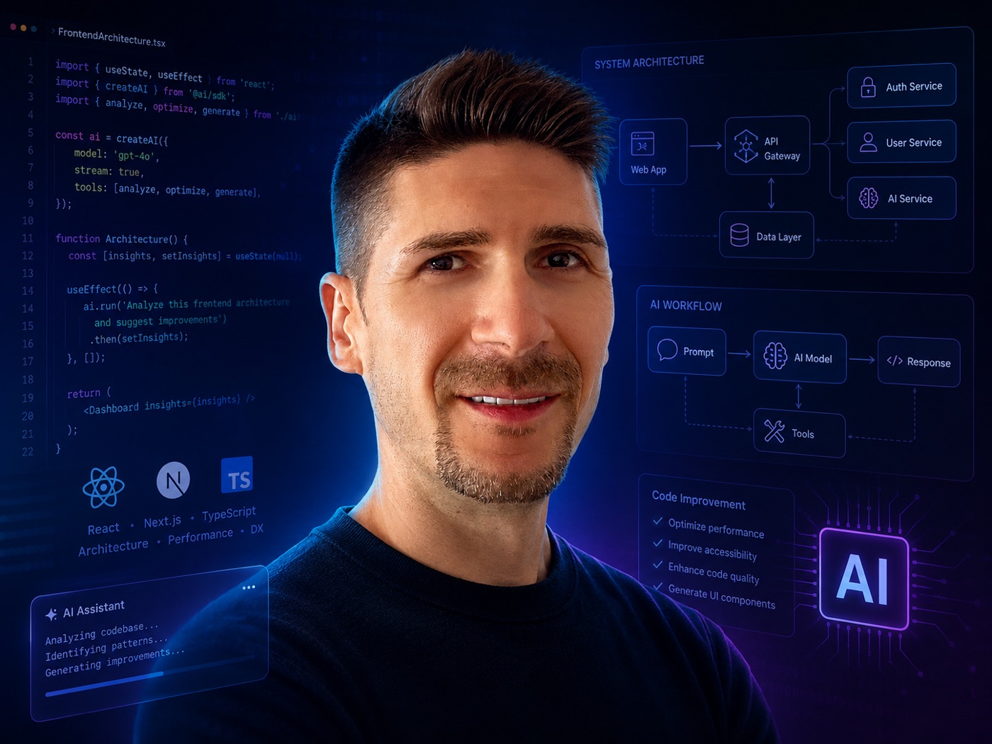 Cristian Trifan, with a React component, a system architecture diagram and an AI workflow rendered behind him.